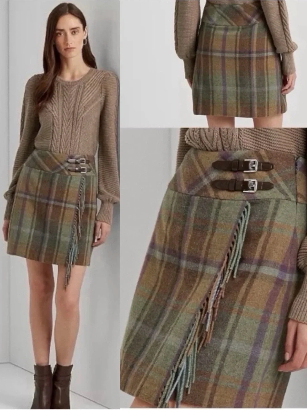 NWT Lauren Ralph Lauren Wool Plaid Kilt Skirt Fringe Tweed Wrap Green Purple 14